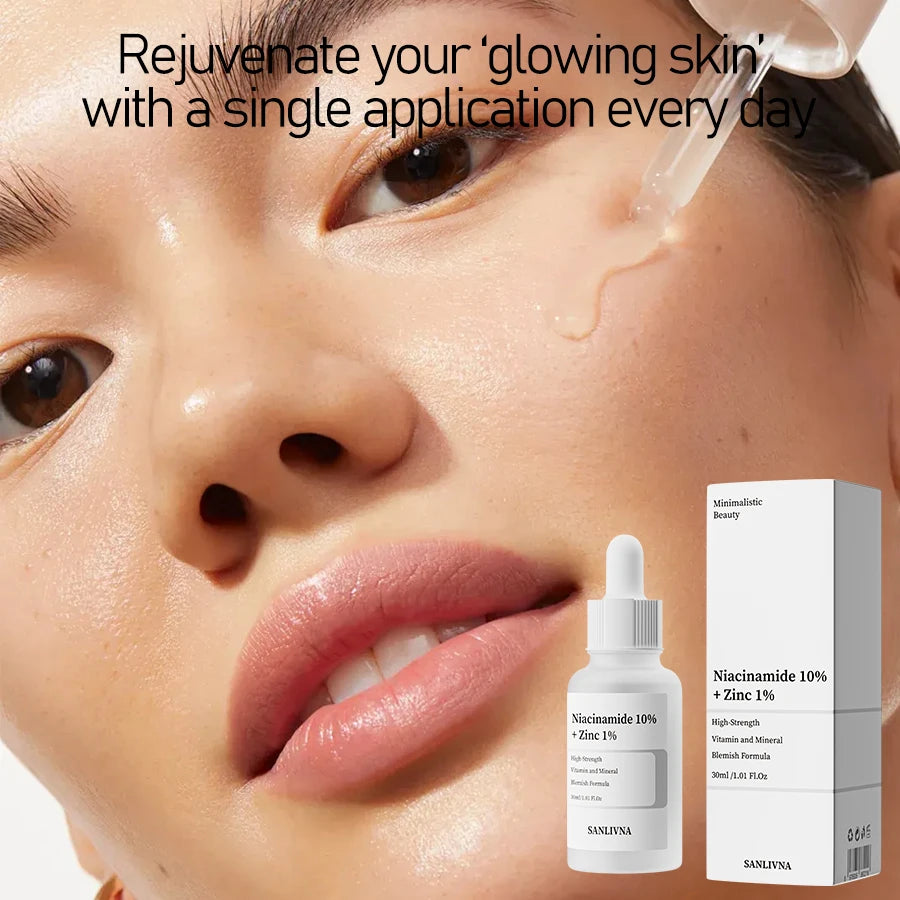 Skincare product with dropper and box on a close-up of a person's face, promoting daily use for glowing skin.