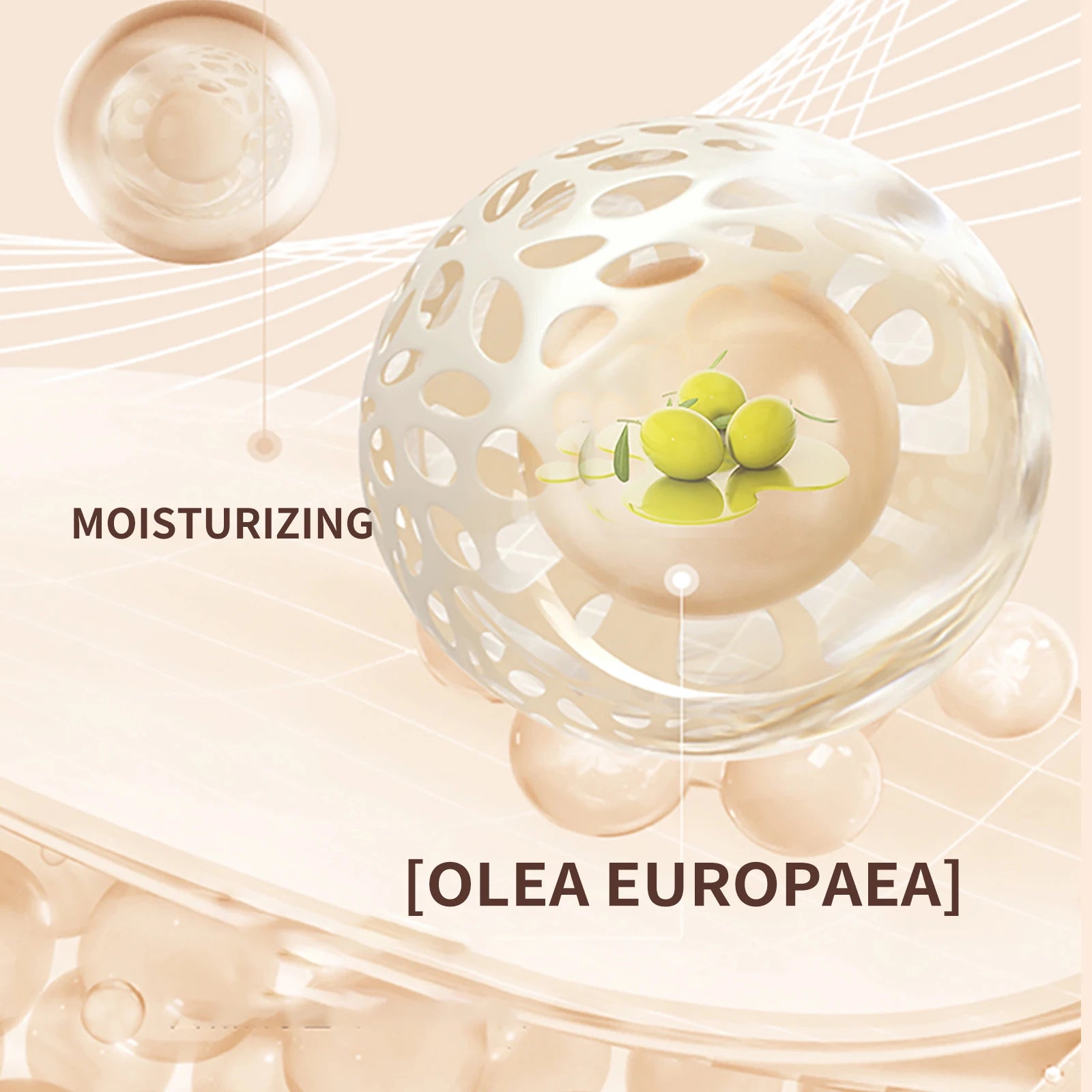 Cosmetic product with 'Olea Europaea' text on a beige background