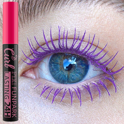 Eyelash with purple extensions and a makeup product labeled 'Fix Funpark' on a close-up of an eye.