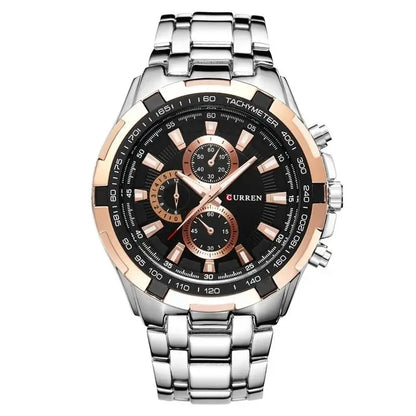 Silver and rose gold watch with black dial on a white background
