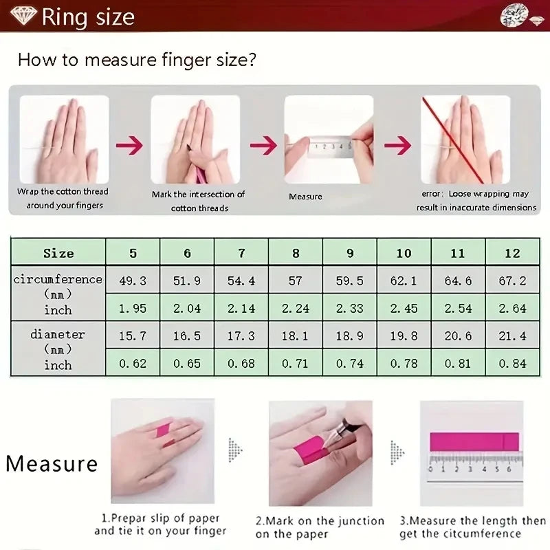 Instructions on how to measure finger size using a cotton thread and ruler.
