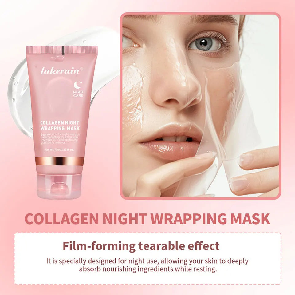 Collagen night wrapping mask with a tube and a person applying it on a pink background