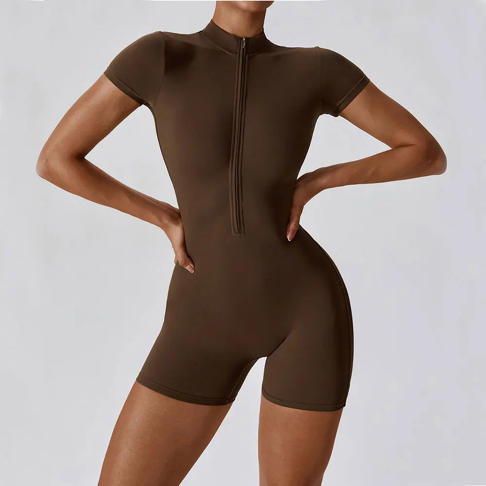 Brown bodysuit with a zipper on a plain background