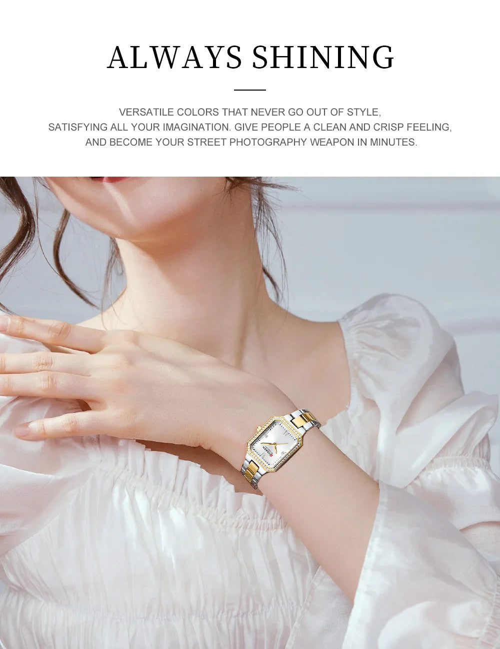 Gold bracelet on a wrist with a neutral background and text about versatile colors.