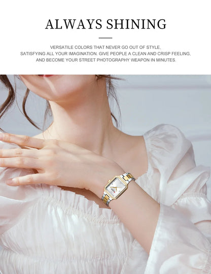 Gold bracelet on a wrist with a neutral background and text about versatile colors.