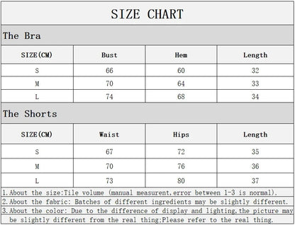 Size chart for bras and shorts with measurements in centimeters.