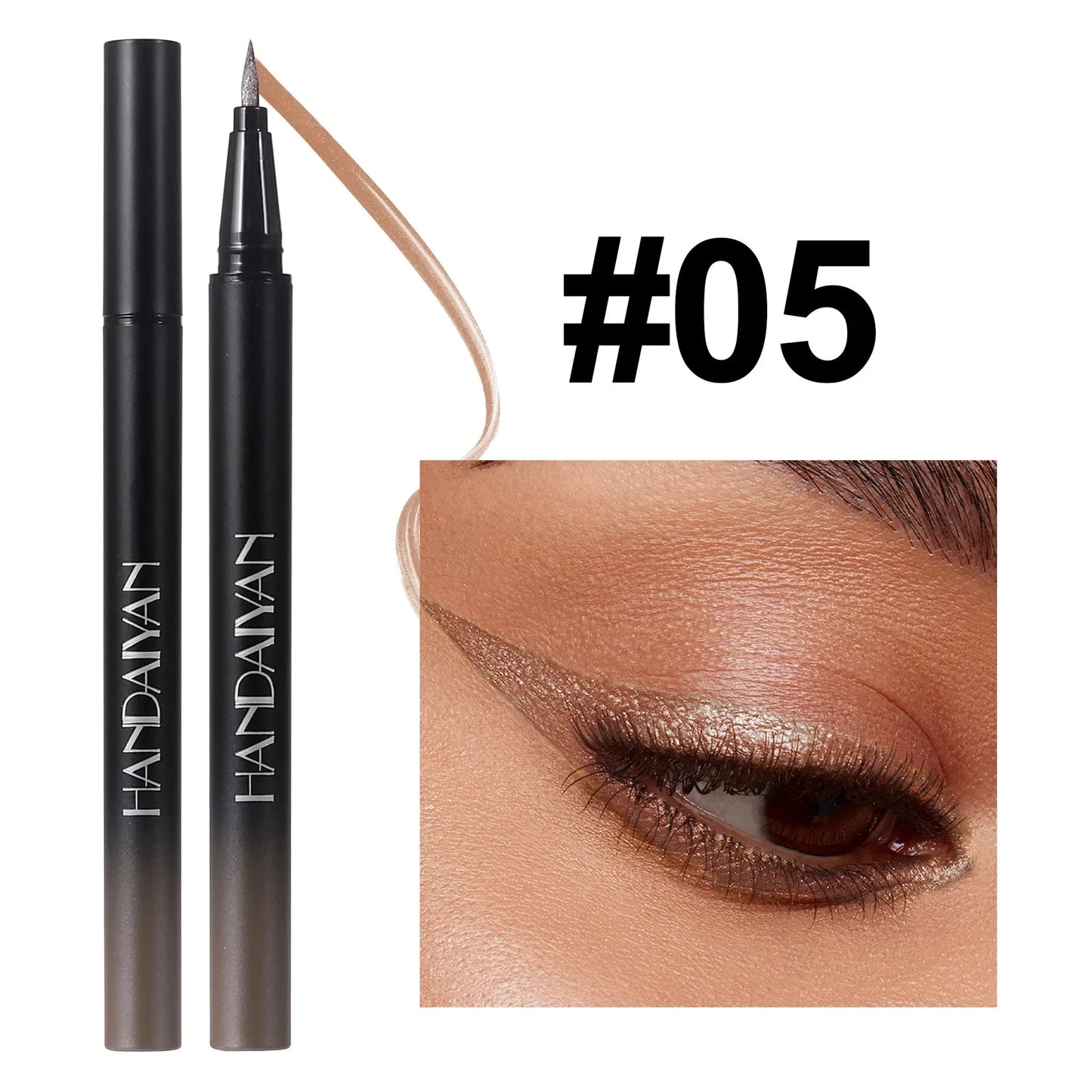 Eyeliner pen with 'Huda Beauty' branding, shown with a sample application on an eye.
