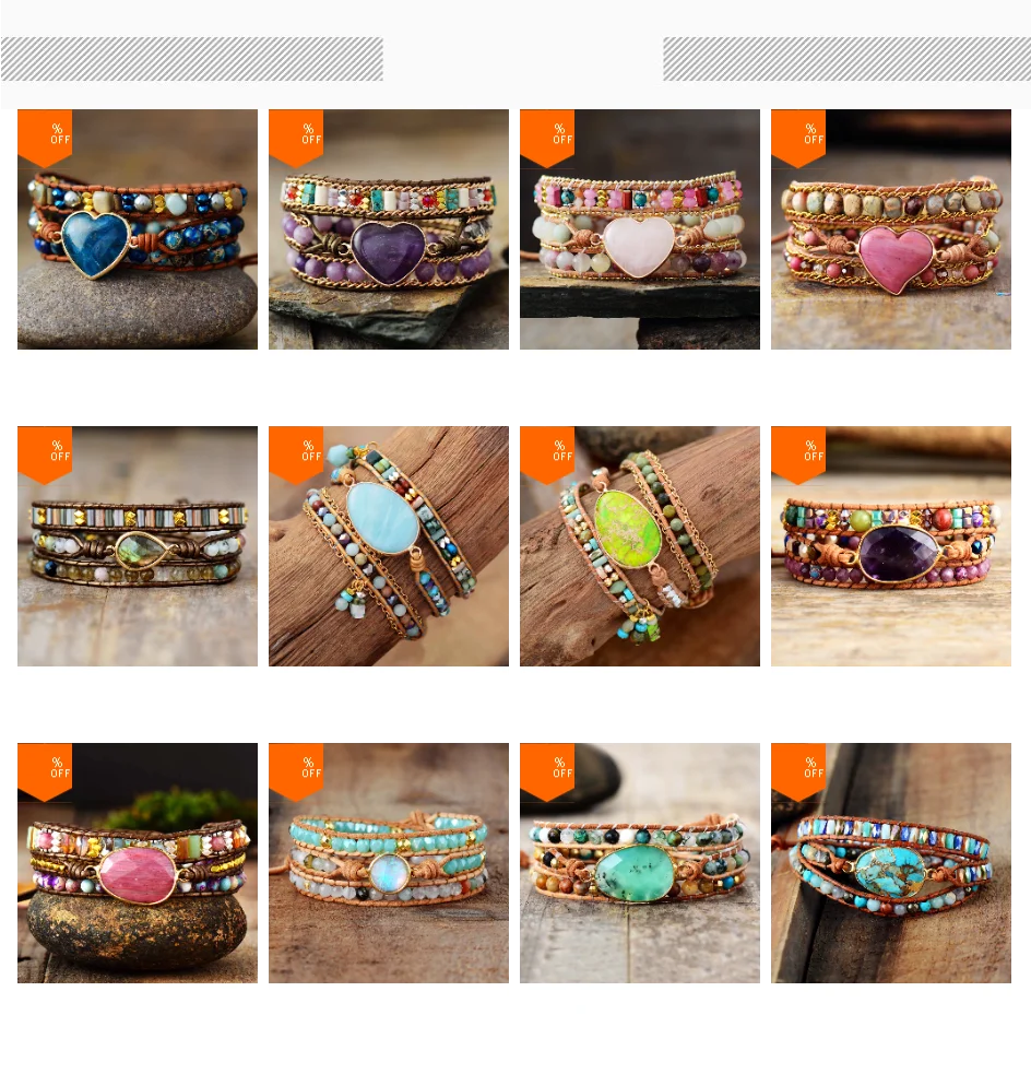 Grid of colorful beaded bracelets on a wooden surface