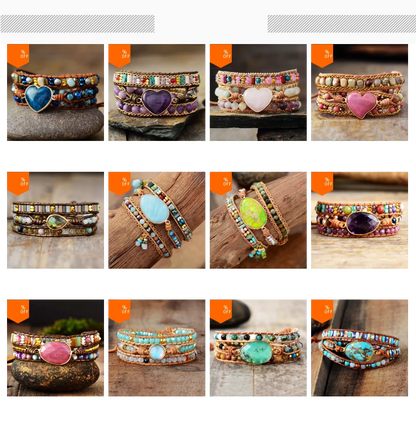 Grid of colorful beaded bracelets on a wooden surface