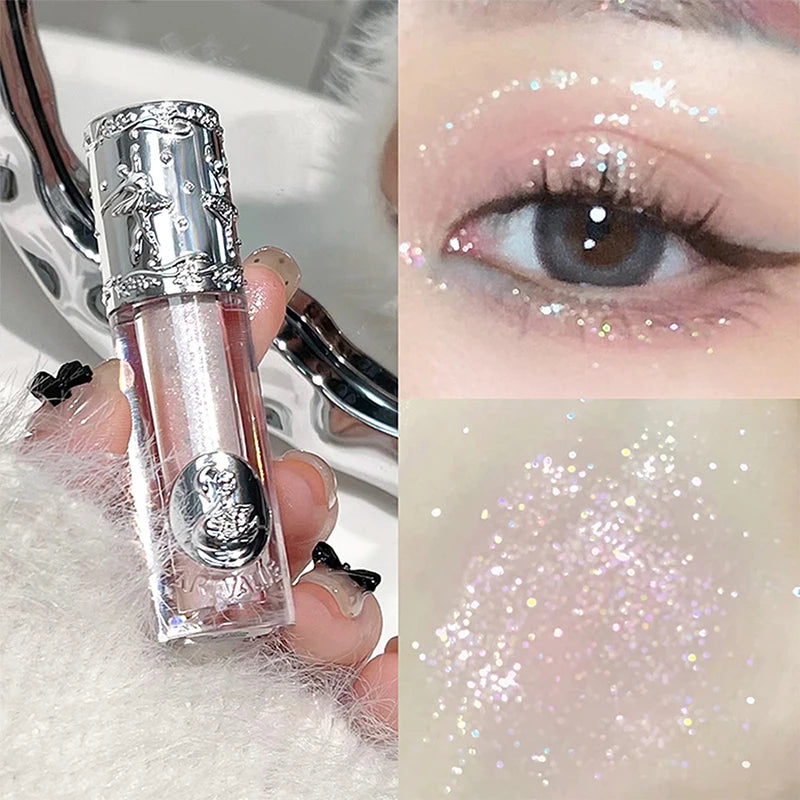 Collage of a silver glittery lip gloss bottle and close-up of glitter on skin.