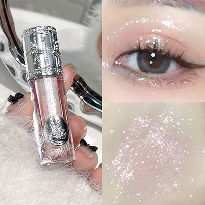 Collage of a silver glittery lip gloss bottle and close-up of glitter on skin.