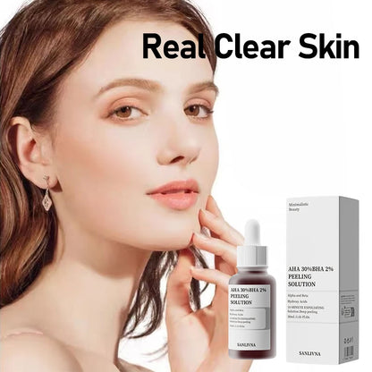 Woman holding a skincare product with 'Real Clear Skin' text and a bottle and box in the foreground.