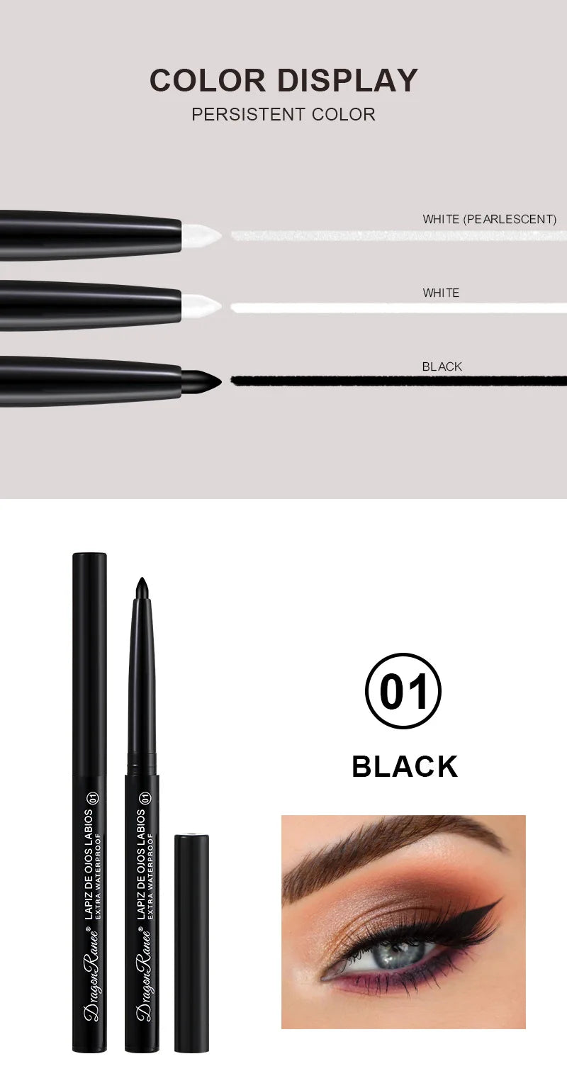 Eyebrow pencil with black color display and close-up of eye makeup.