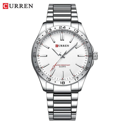 Silver Curren watch with white face on a white background