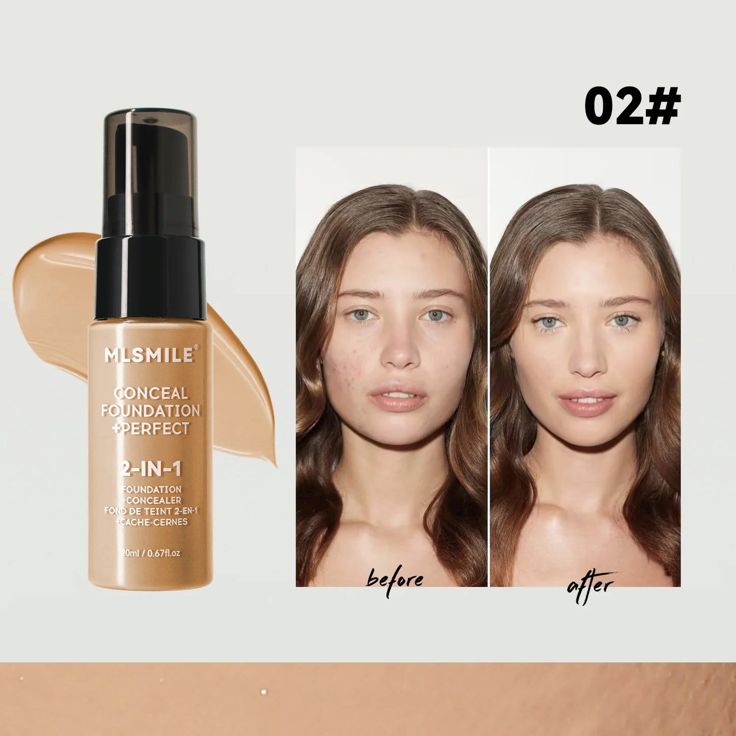 Mlsmile concealer foundation bottle with 'before' and 'after' effect on a model