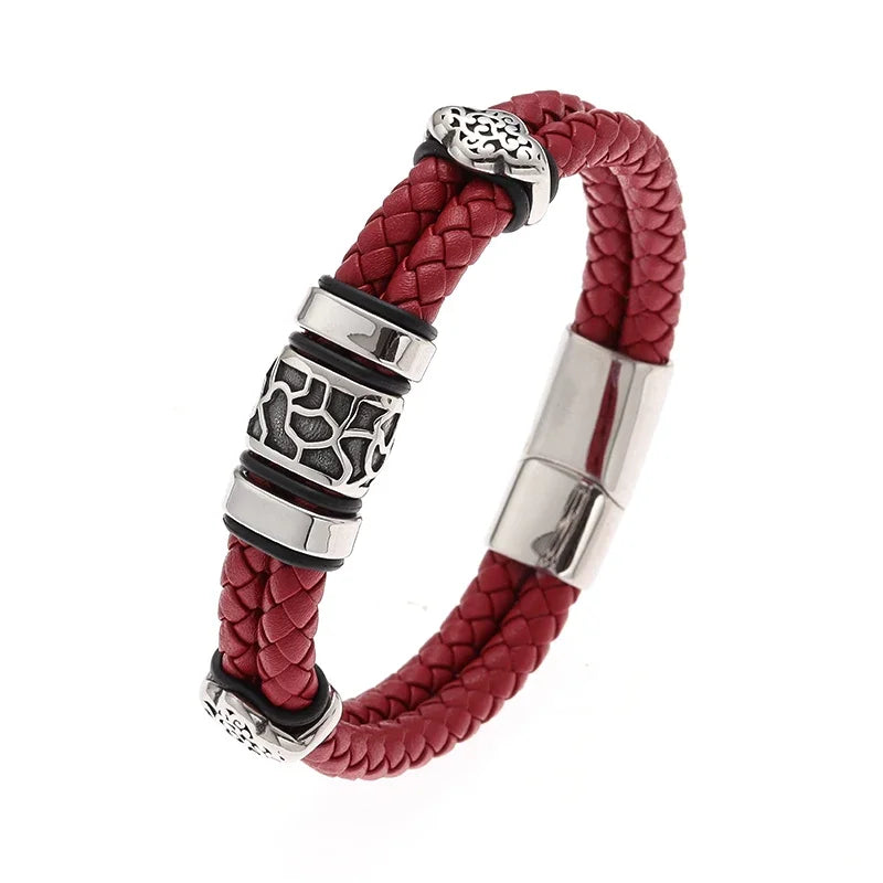 Red braided leather bracelet with silver metal clasps on a white background