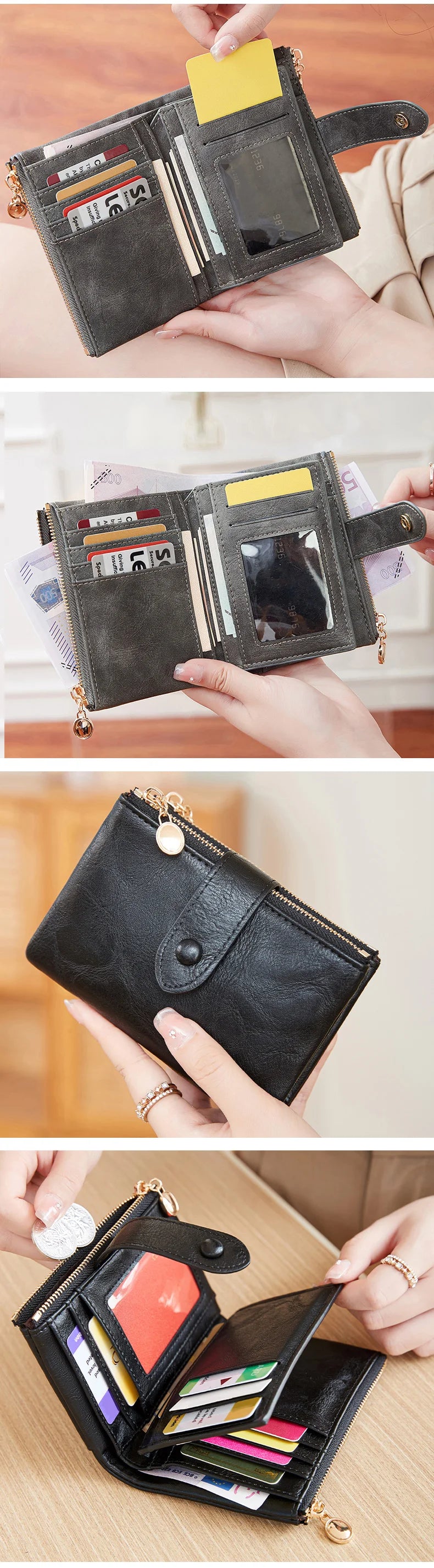 Collage of a black leather wallet with various compartments on a wooden surface.