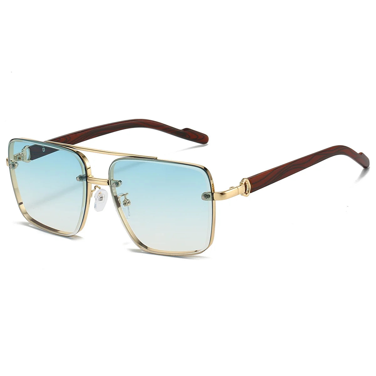 Sunglasses with gold frame and blue gradient lenses on a white background