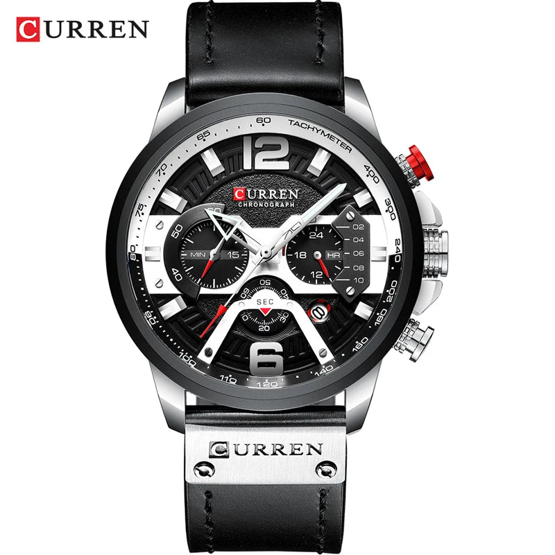Curren watch with black leather strap and detailed face on a white background