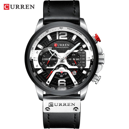 Curren watch with black leather strap and detailed face on a white background