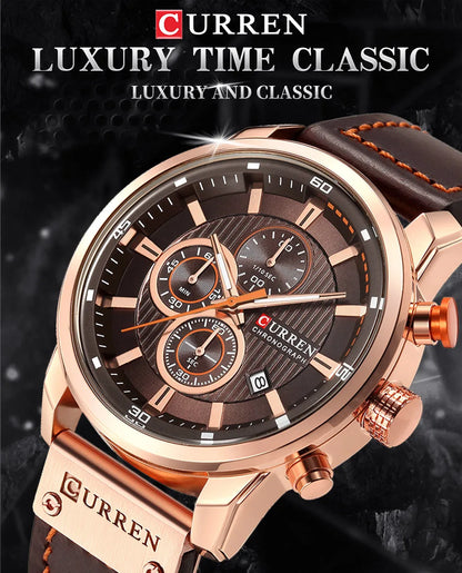 Luxury watch with rose gold case and brown leather strap on a dark background, featuring the brand 'Curren'.