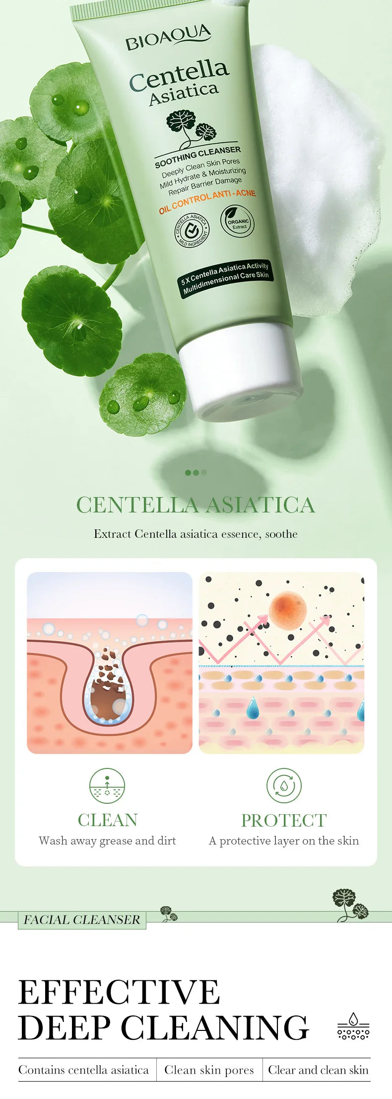 BioAqua Centella Asiatica facial cleanser with packaging and green leaves on a light green background
