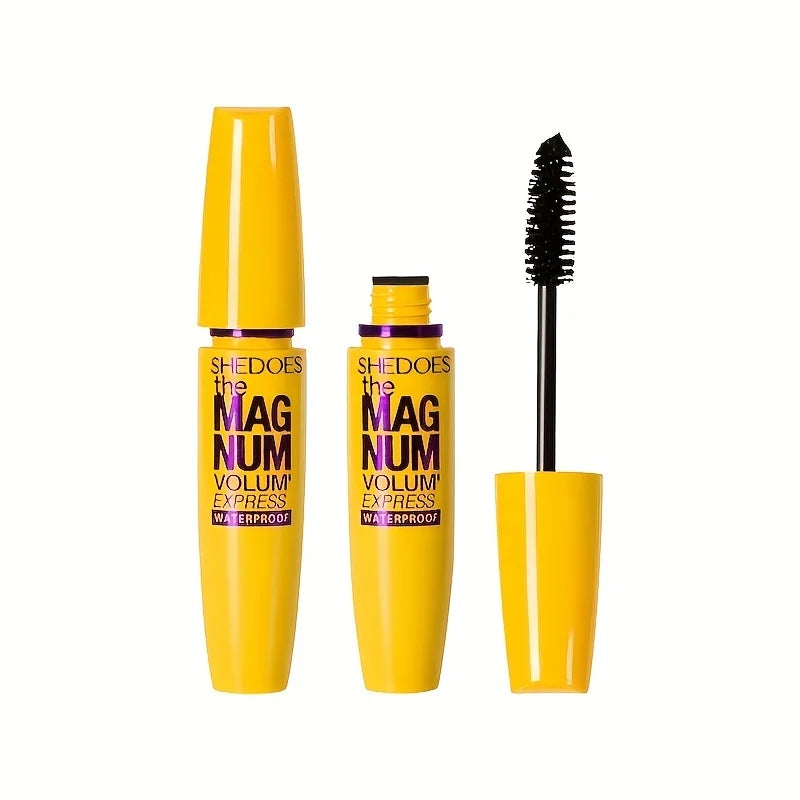 Yellow mascara with black brush on a white background