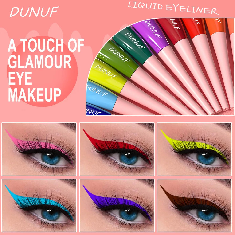 Dunuf liquid eyeliner with color swatches and eye makeup application examples on a pink background.