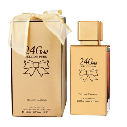 Gold 24K perfume bottle and packaging with a bow on a white background