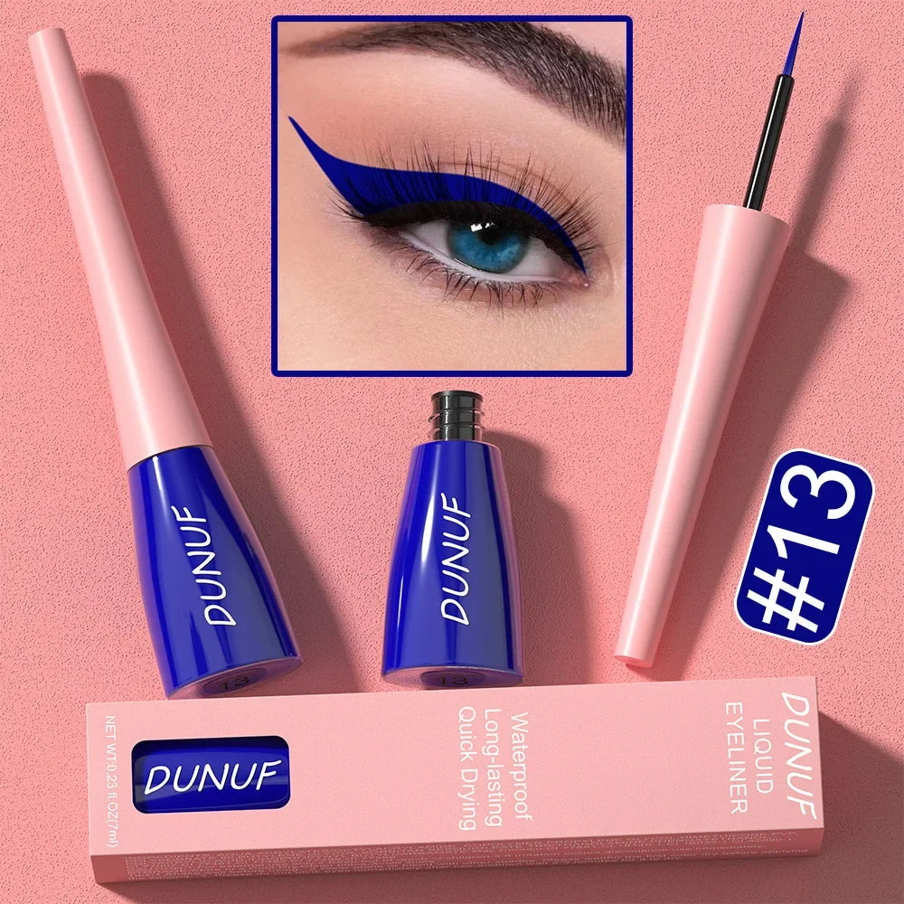 DUNUF liquid eyeliner with packaging on a pink background