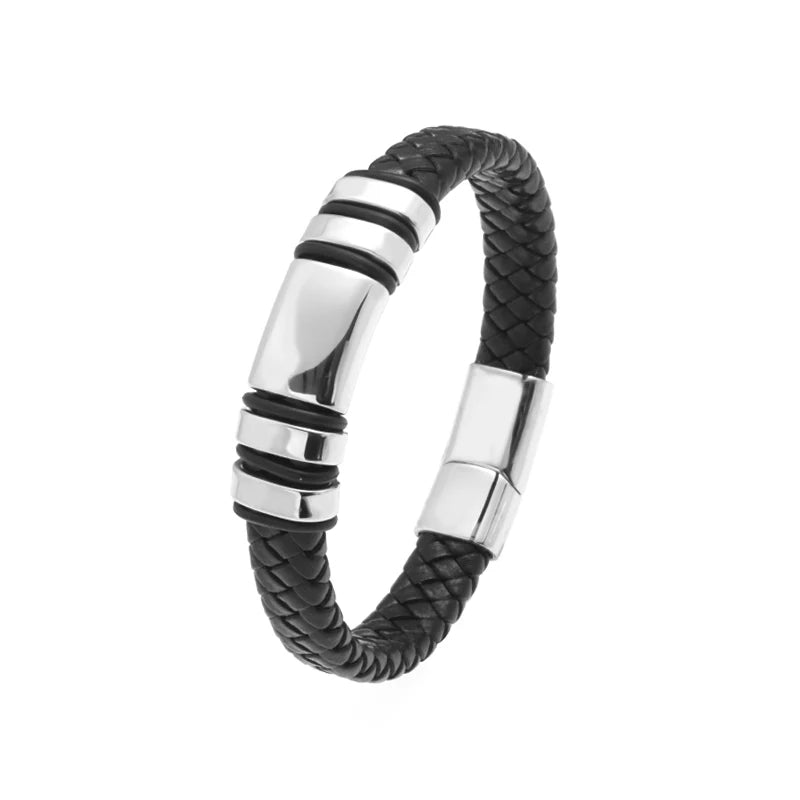 Black braided leather bracelet with silver metal clasp on a white background