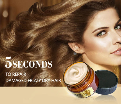 Woman with styled hair next to a hair care product container with text '5 Seconds to Repair Damaged Frizzy Dry Hair'.