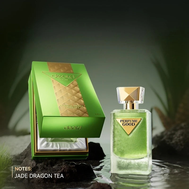 Green perfume bottle and packaging with 'Perfume Good' branding on a dark background.