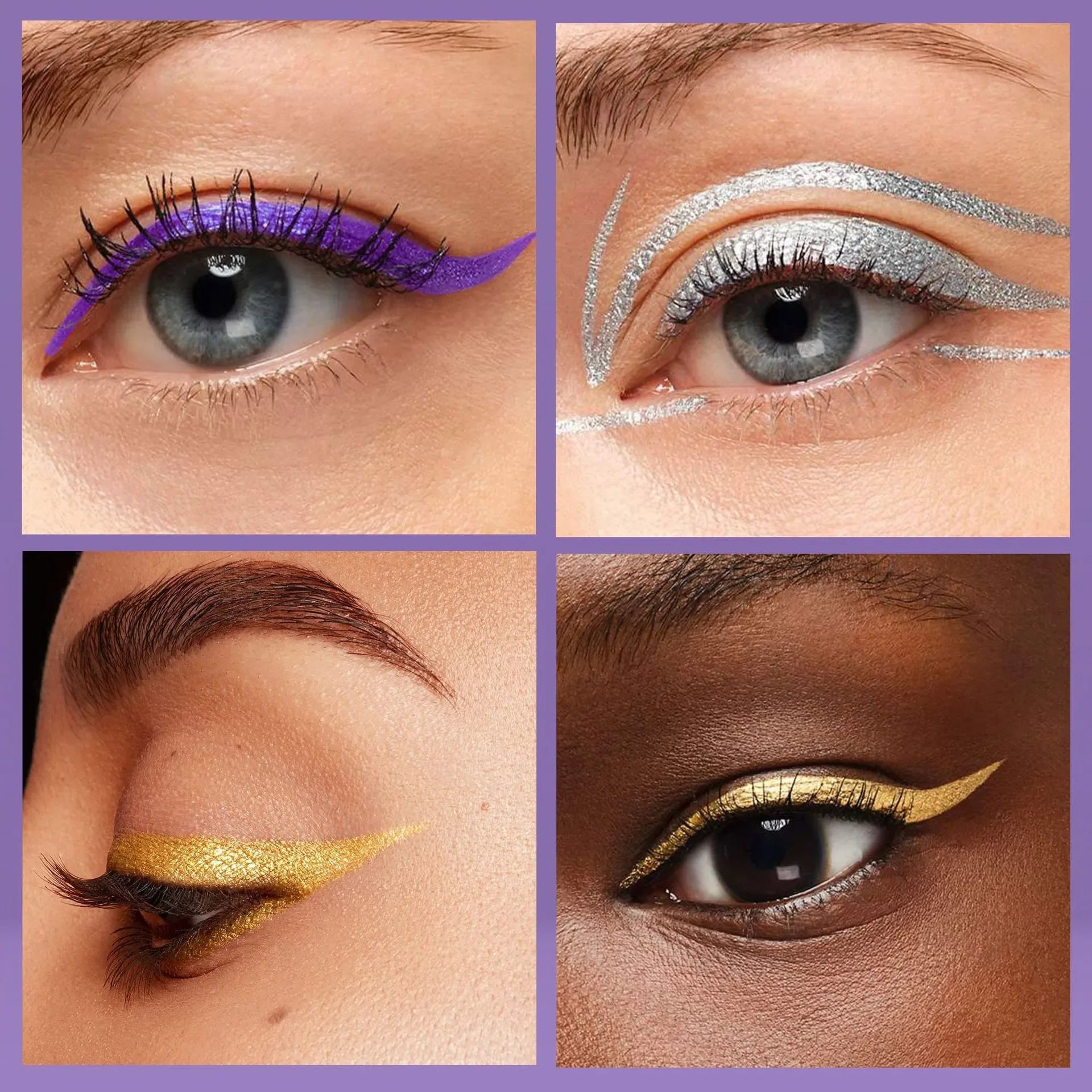 Collage of four eyes with different colored eyeliner on a purple background