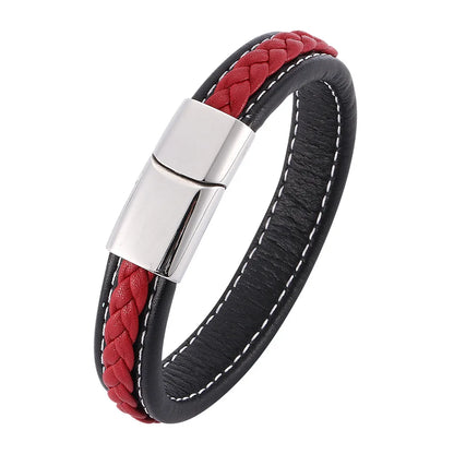 Black and red braided leather bracelet with a silver clasp on a white background