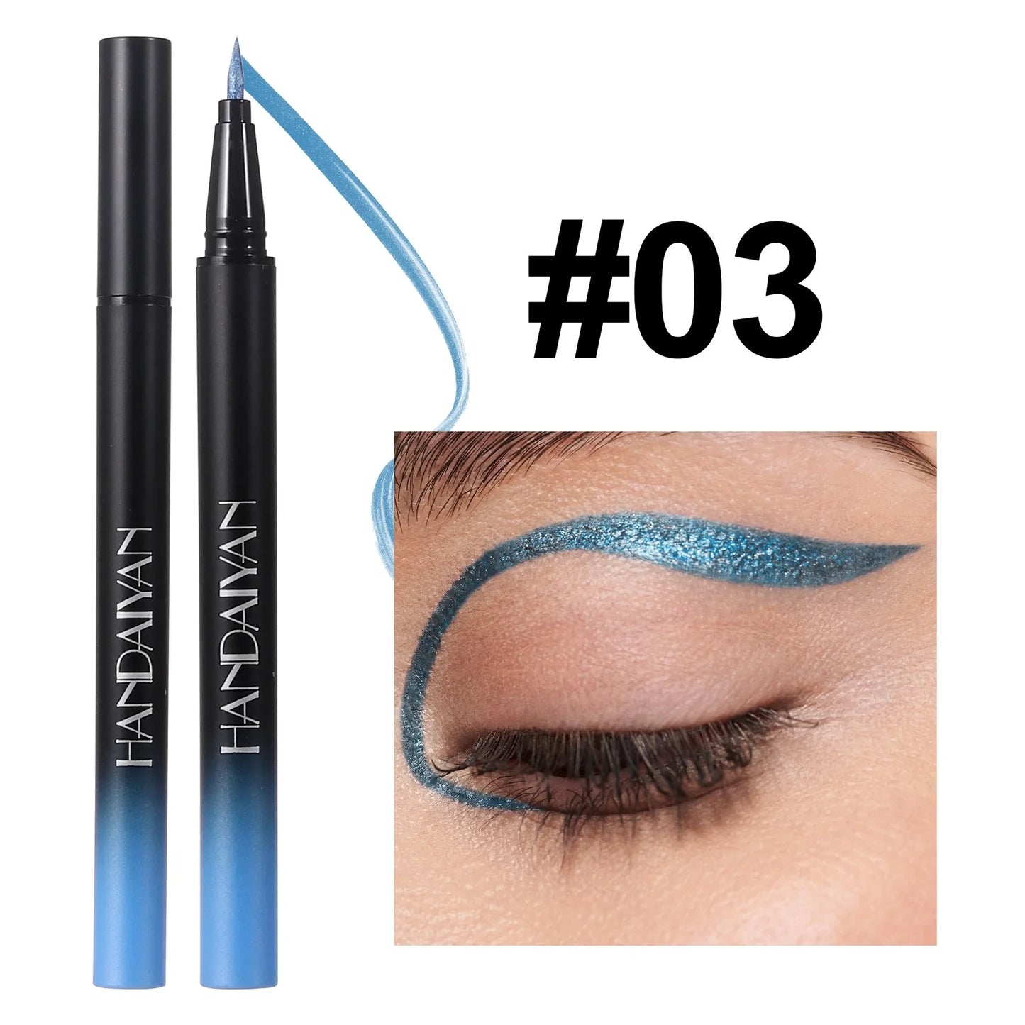 Blue eyeliner pen with 'HANDAIVAN' branding, close-up of eye wearing the liner, and '#03' label.