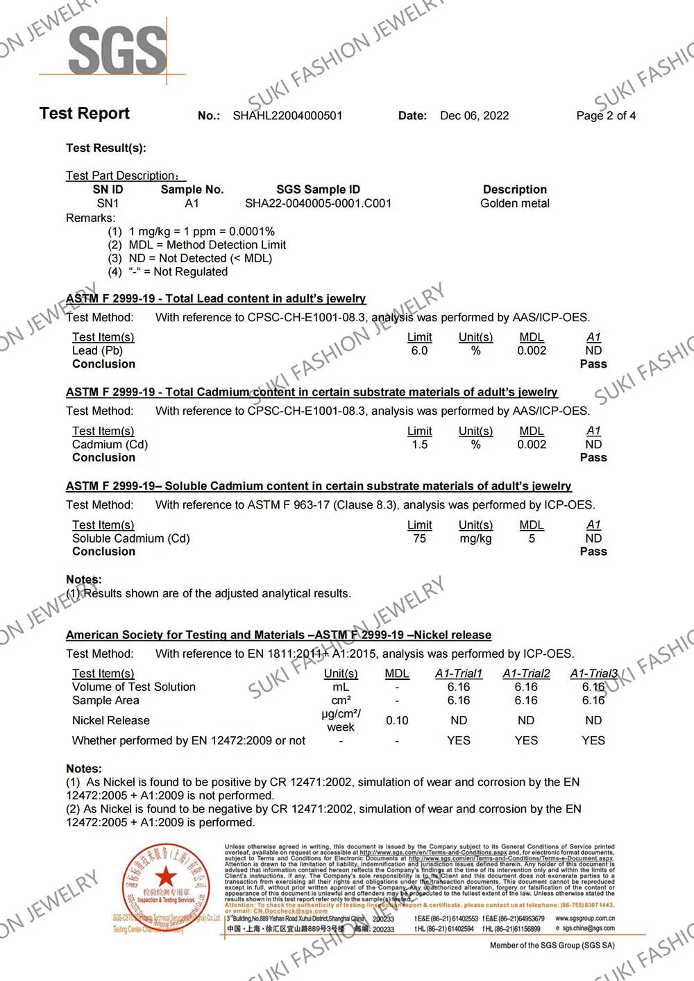 SGS test report for jewelry with detailed analysis and certification.