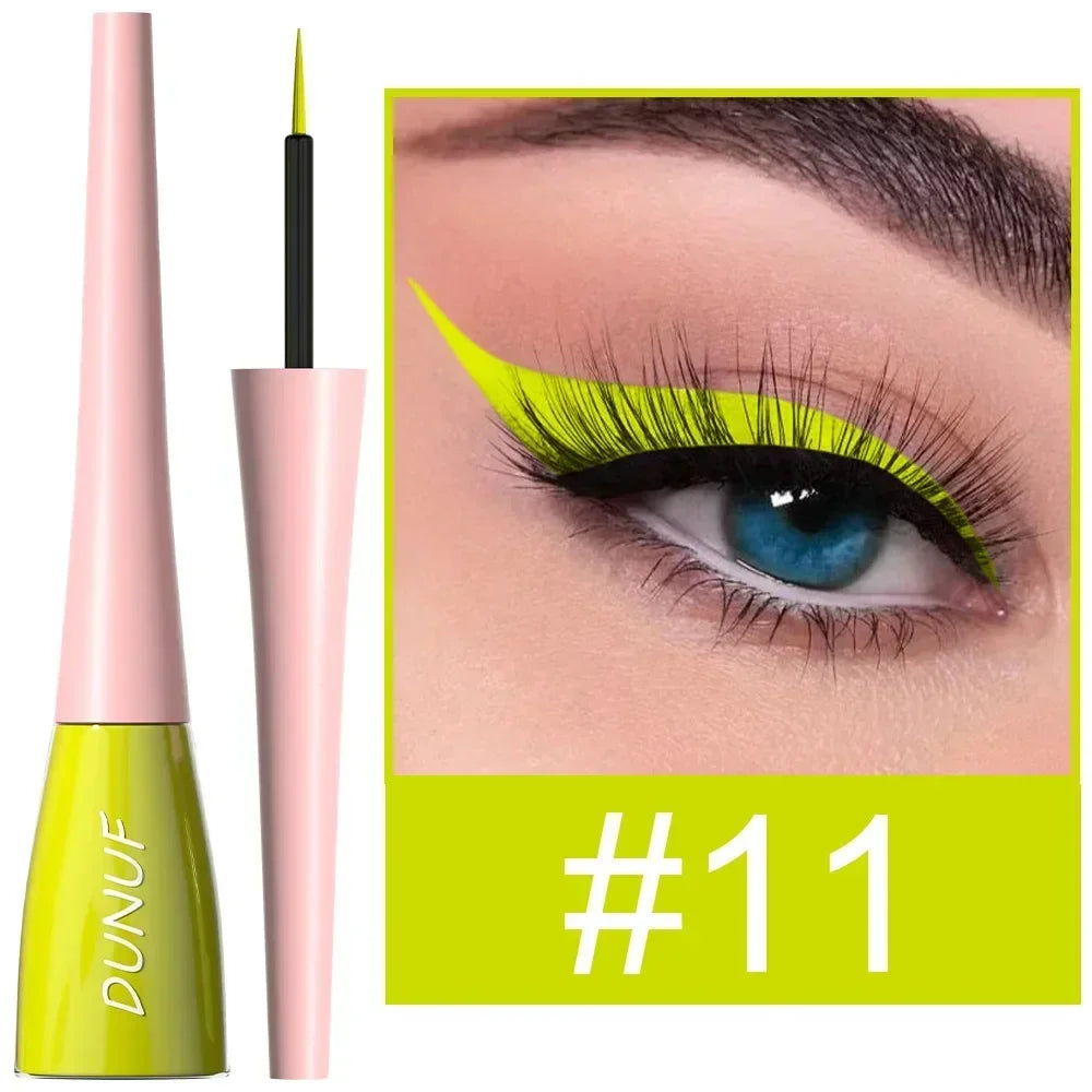 Pink and green eyeliner with close-up of eye wearing neon green eyeliner.