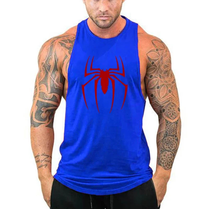 Man wearing a blue tank top with a red spider logo on a white background