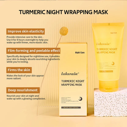 Lakerain Turmeric Night Wrapping Mask packaging with text on a beige background