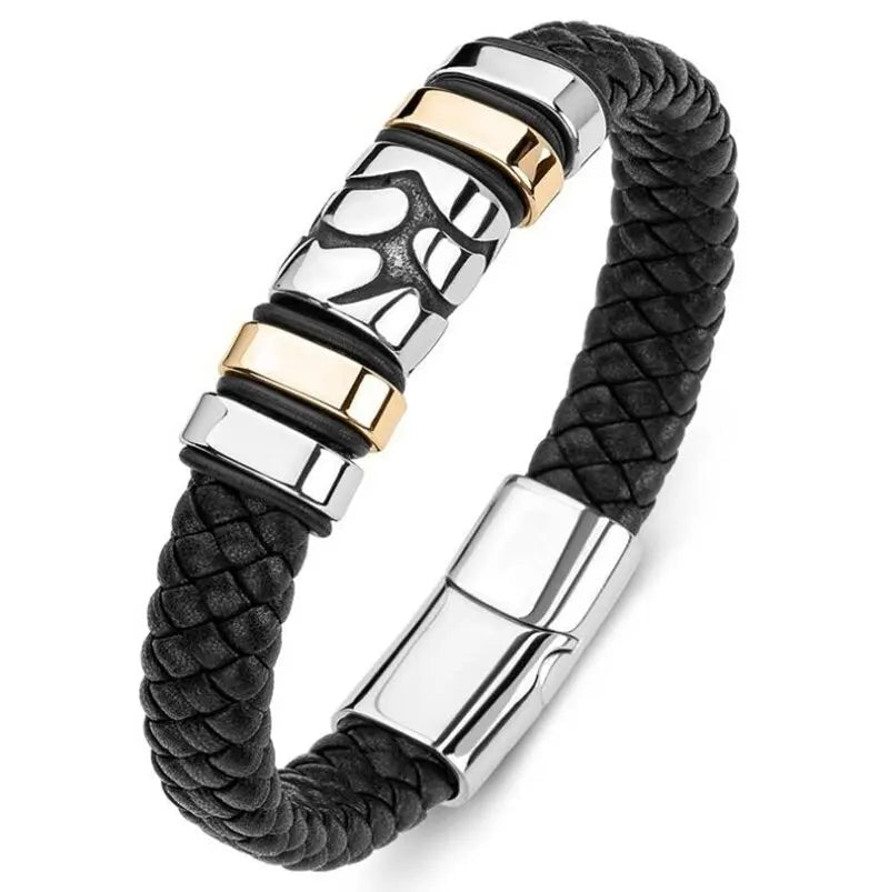 Black braided leather bracelet with silver and gold metal accents on a white background