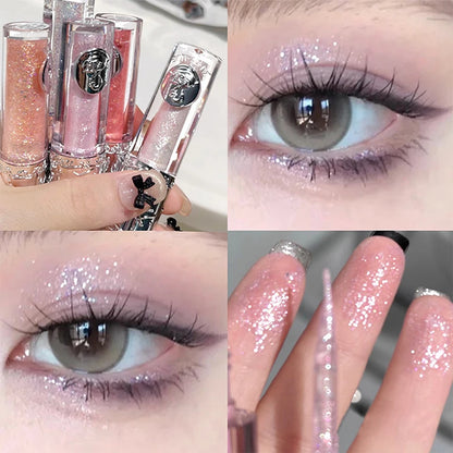 Collage of glittery lip gloss, eye makeup, and nails with a close-up of an eye wearing the product.