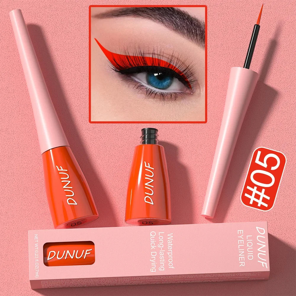 DUNUF liquid eyeliner set with packaging on a pink background