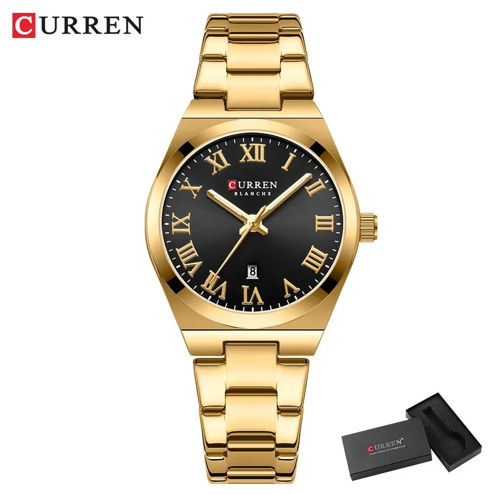 Gold wristwatch with black dial and Roman numerals on a white background, featuring the brand 'Curren'.