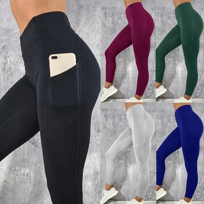 Collage of black leggings with a pocket, purple, green, gray, and blue leggings on a concrete wall background.