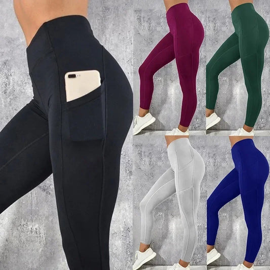 Collage of black leggings with a pocket, purple, green, gray, and blue leggings on a concrete wall background.