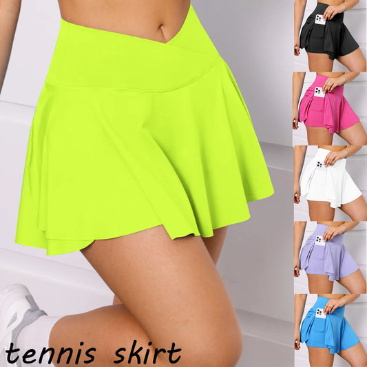 Collage of women wearing tennis skirts in various colors on a plain background.