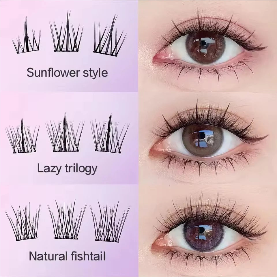 Eyelash styles labeled 'Sunflower style', 'Lazy trilogy', and 'Natural fishtail' with close-up of eyes wearing each style.