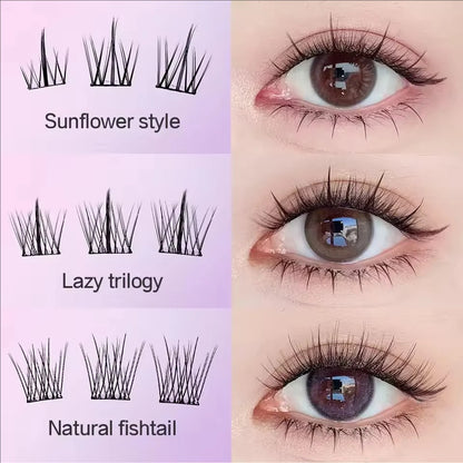 Eyelash styles labeled 'Sunflower style', 'Lazy trilogy', and 'Natural fishtail' with close-up of eyes wearing each style.