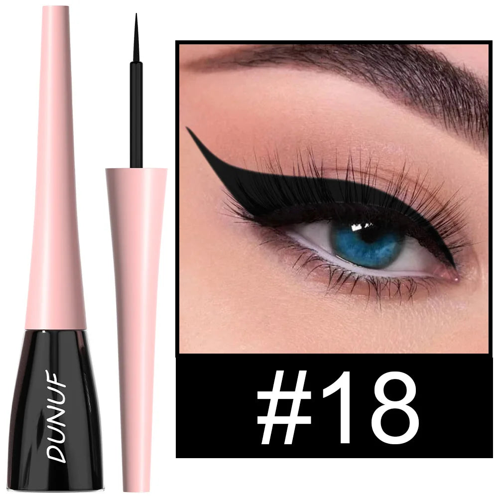 Eyeliner pen with pink casing and black tip, shown with an application on a blue-eyed model.